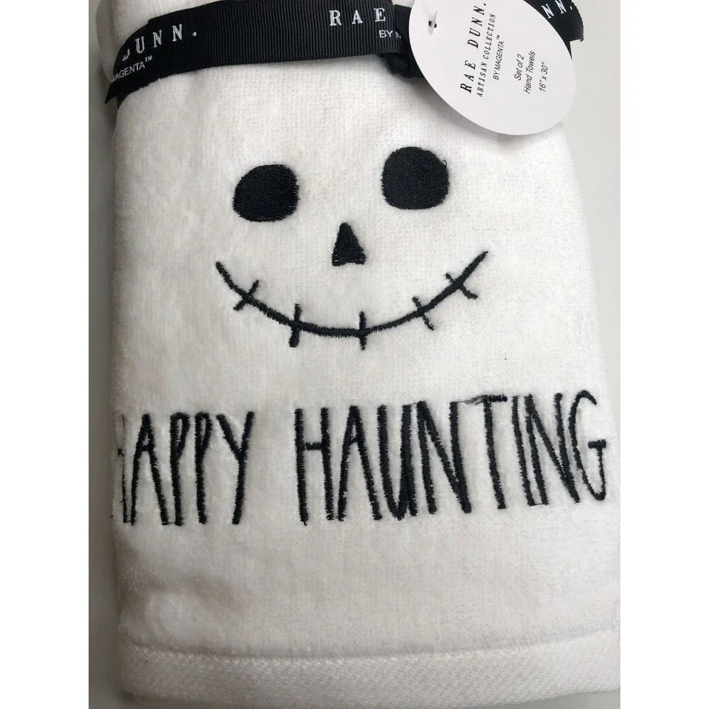 Rae Dunn Halloween Set of 2 Hand Towels Happy Haunting Skull Embroidered Spooky